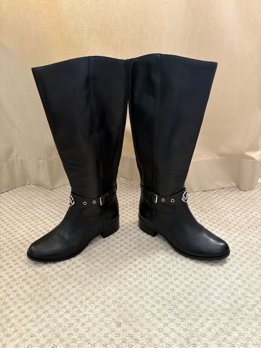 Michael Kors Black Leather Over-the-Knee Riding Boots with Logo Harness - Picture 4 of 10